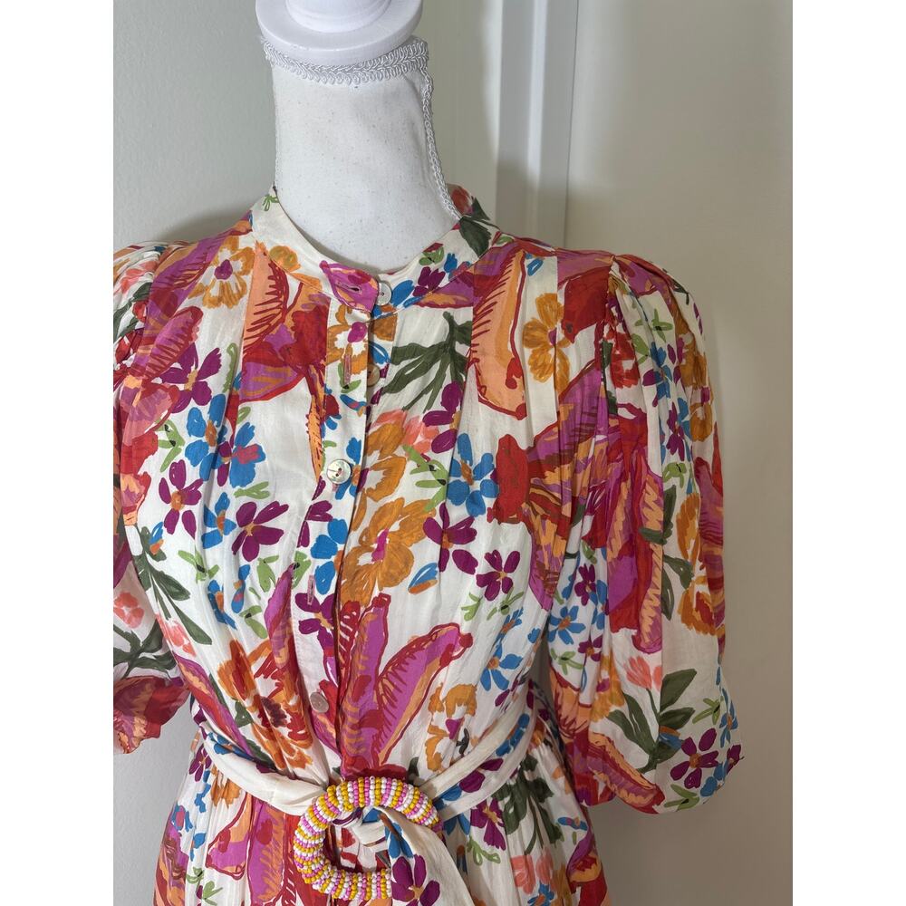 Farm Rio Pink and Orange Puff Sleee Button Up Belted Mini Dress Sz S - Picture 2 of 5